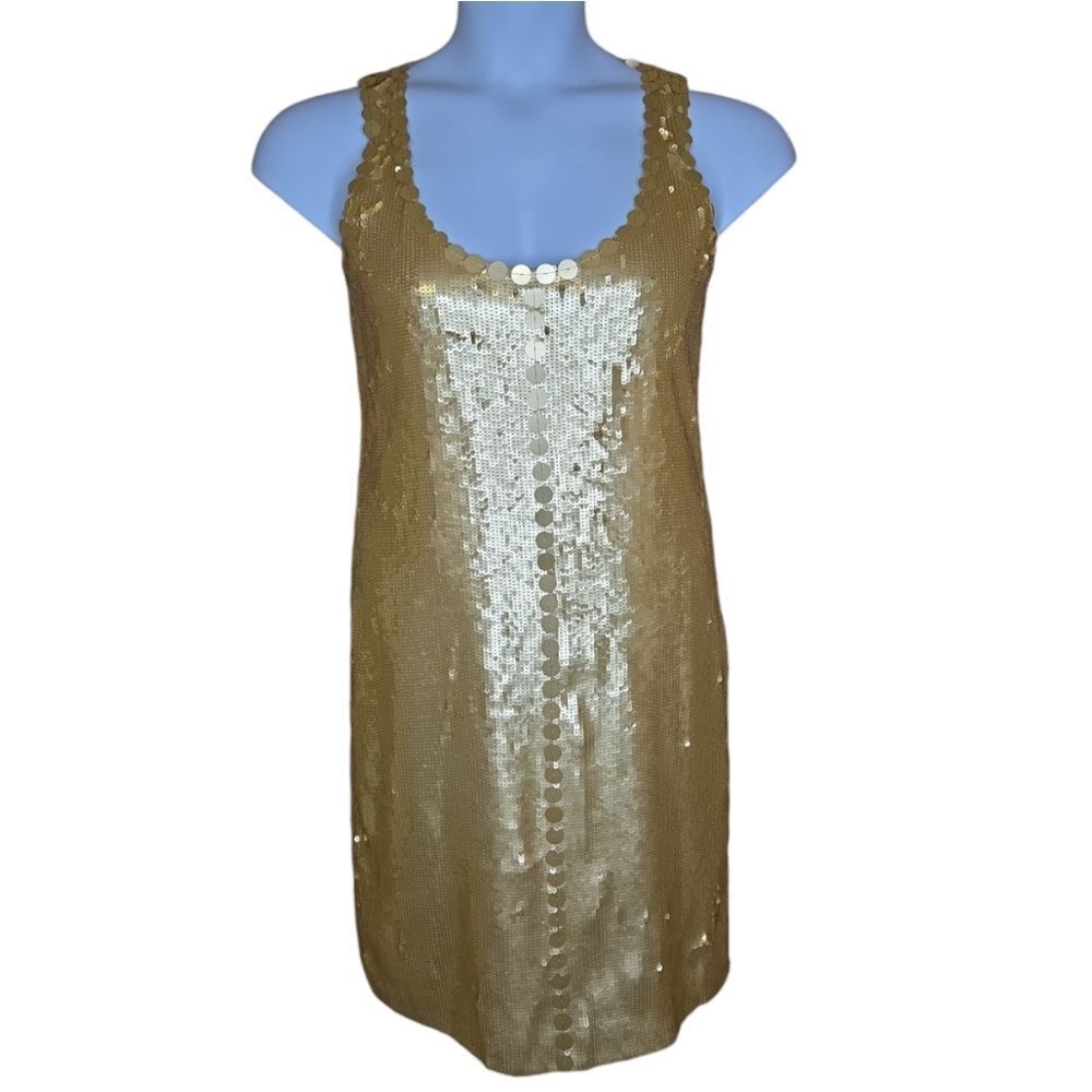 NICOLE MILLER gold sequin sleeveless silk‎ shift party NYE dress 4